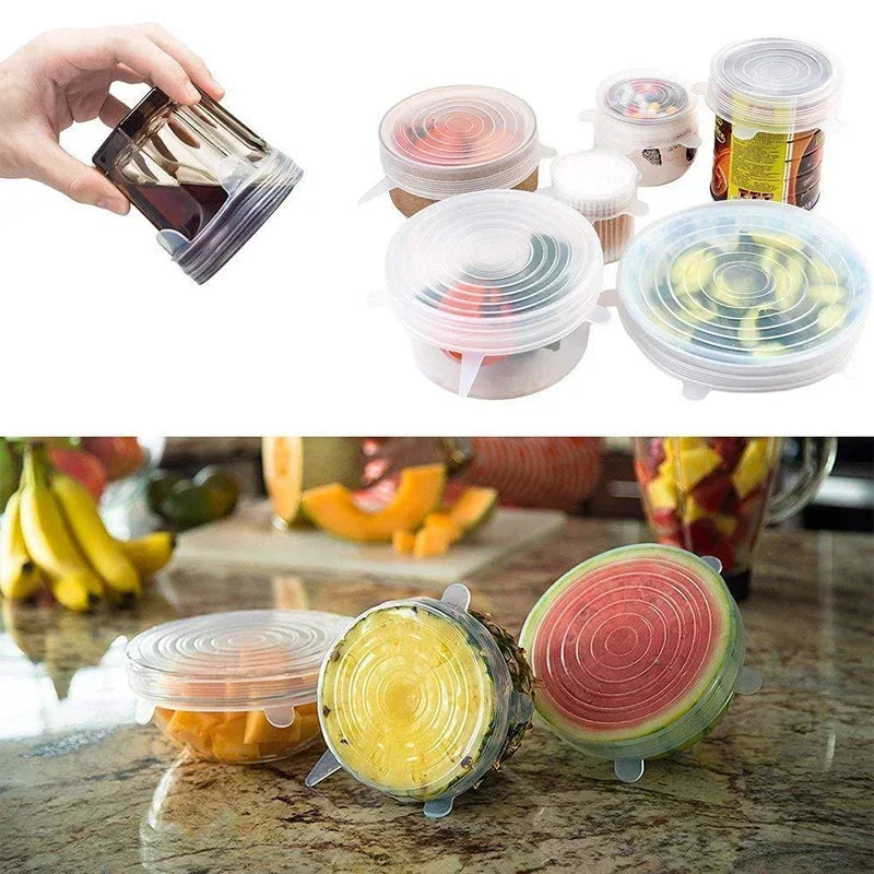 Silicone stretch lids set in clear and assorted colors, shown in use on containers