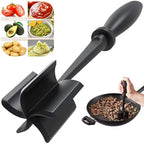 Black 5-blade meat chopper with wide head, shown beside a pan