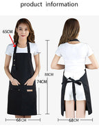 Black chef apron with adjustable neck straps, waist tie, and large front pockets