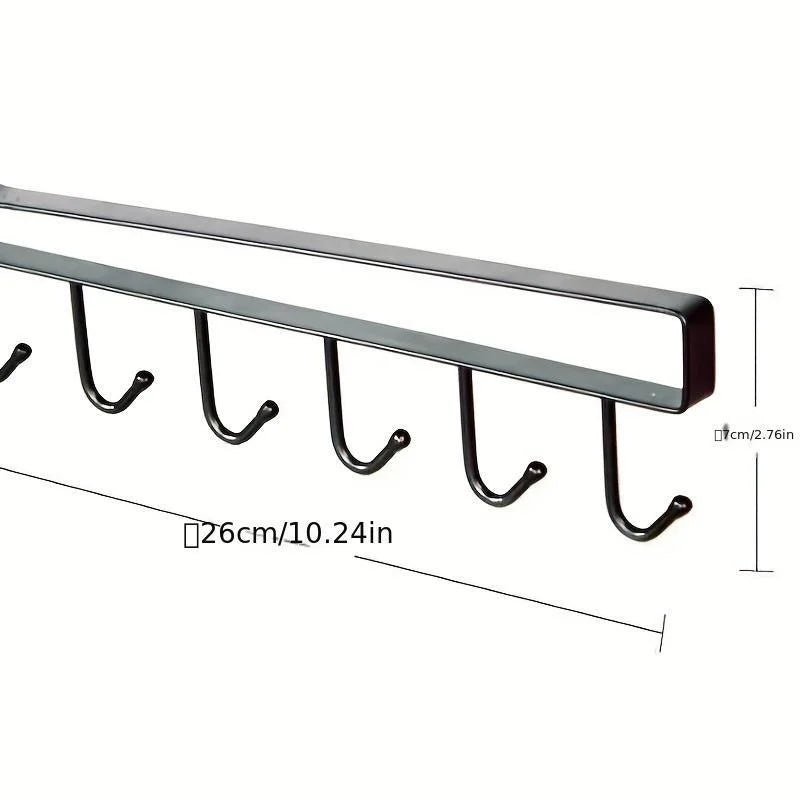 Matte black 6-hook under-cabinet rack with hook bar; approx 26 cm length