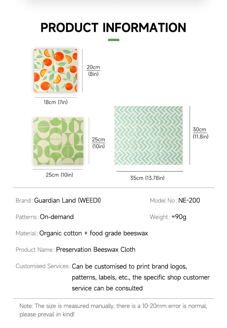 Reusable beeswax food wrap product info with size measurements and organic cotton