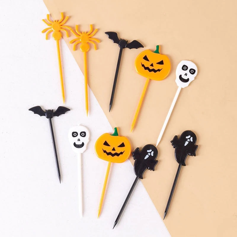 Plastic Halloween cupcake toppers set of 10 with pumpkin, ghost, bat, spider, and witch icons