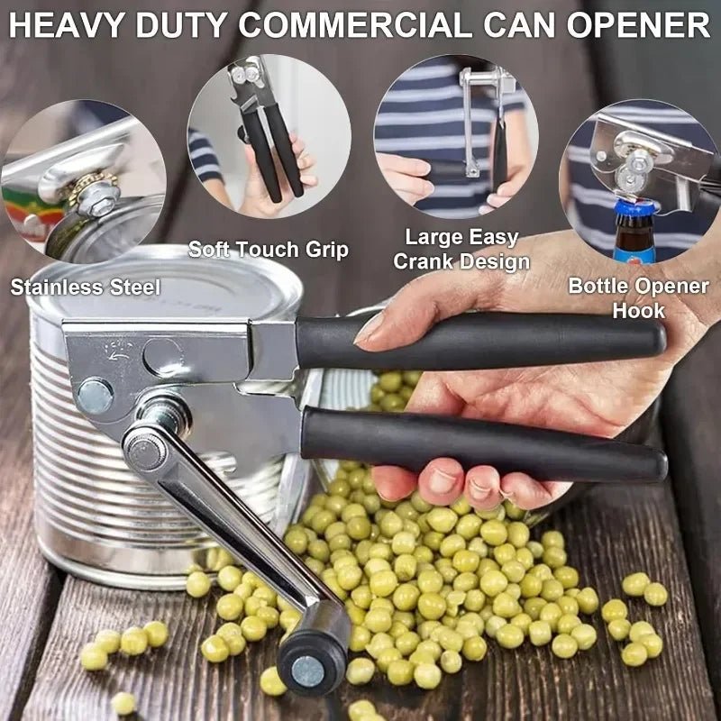 Stainless steel manual can opener with black ergonomic handle and easy crank wheel