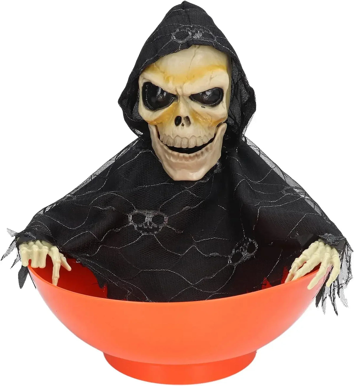 Orange bowl haunted prop with hooded skull face and black spiderweb cloth drape
