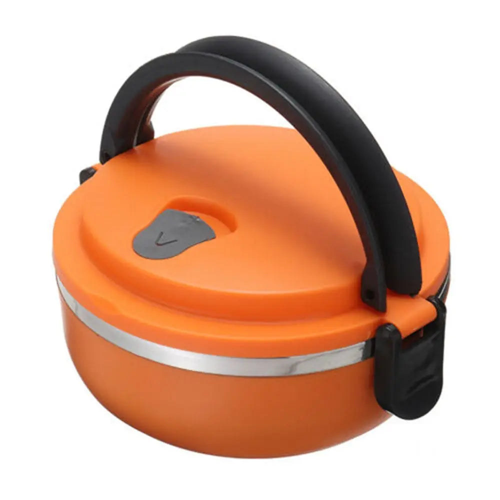 Orange stackable stainless steel bento lunch box with black handle and latch lid