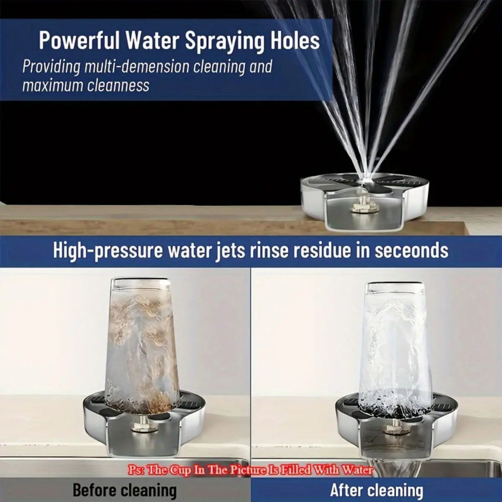 Stainless steel glass rinser with multi-direction high-pressure jet spray over cup