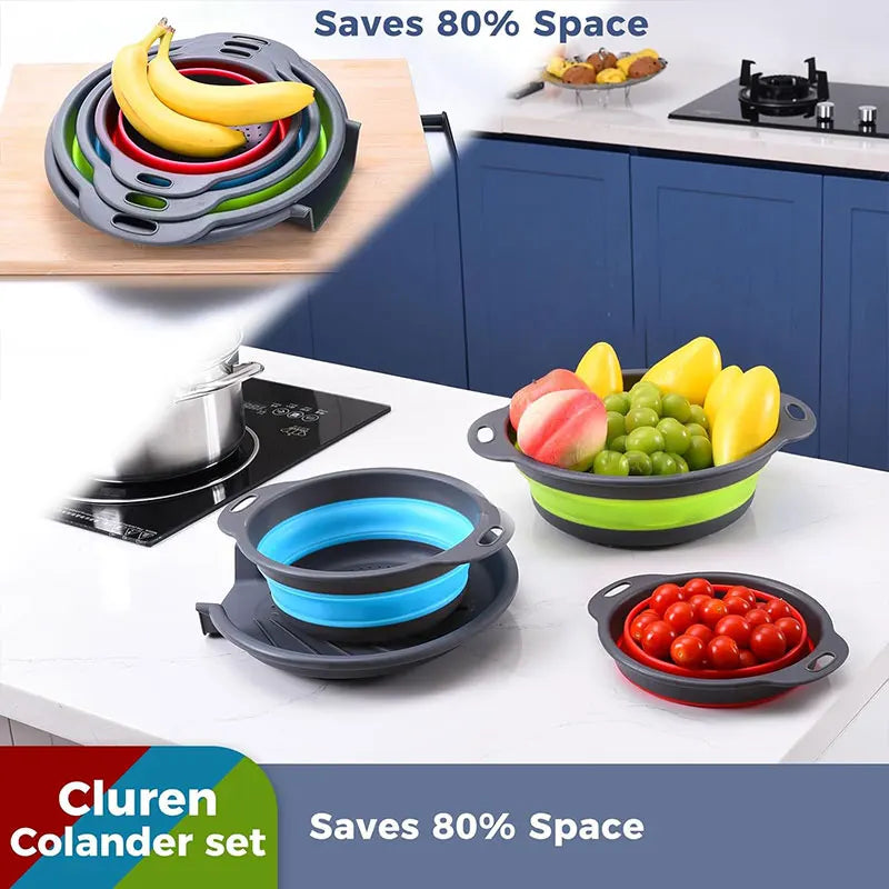 Collapsible colander and strainer set with green, blue, and red strainers on gray bases