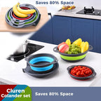 Collapsible colander and strainer set with green, blue, and red strainers on gray bases