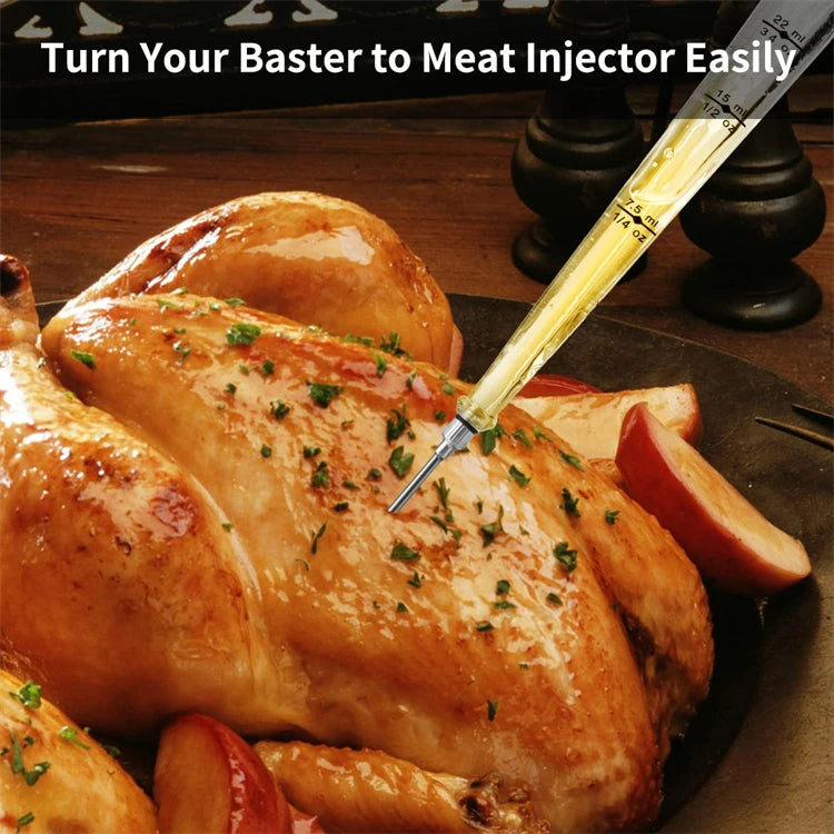 Red-handled meat injector over roasted chicken on a cutting board