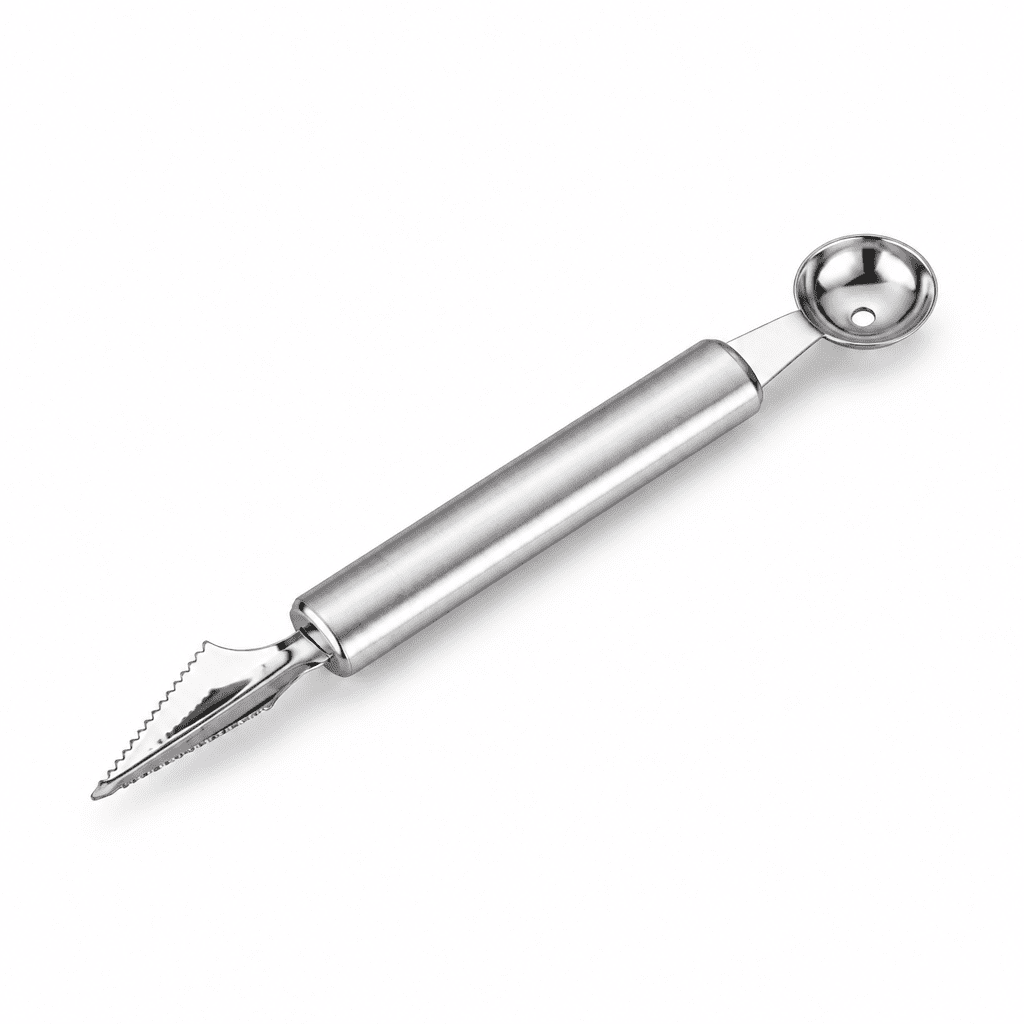 Stainless melon baller and fruit carving tool with dual scoop ends and serrated tip