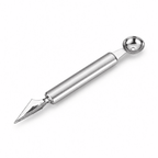 Stainless melon baller and fruit carving tool with dual scoop ends and serrated tip