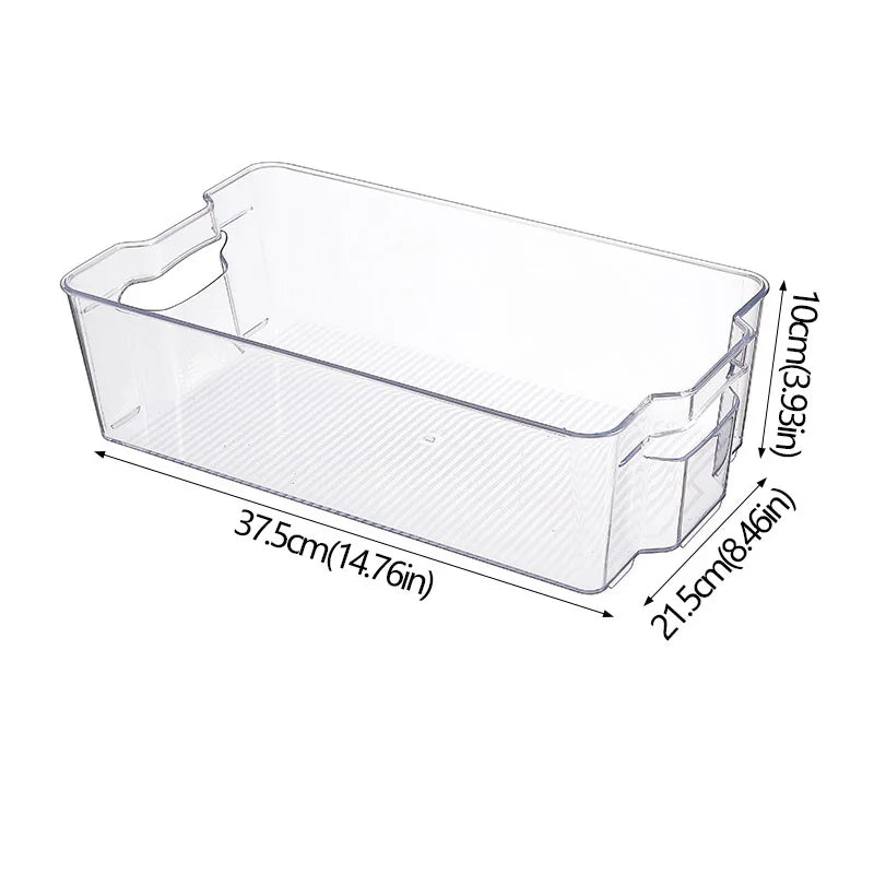 Clear stackable organizer bin with built-in handle openings; size diagram (37.5 x 21.5 cm)