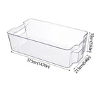 Clear stackable organizer bin with built-in handle openings; size diagram (37.5 x 21.5 cm)