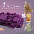 Purple Halloween silicone candy mold with haunted house, bat, tombstone, and mummy embossing