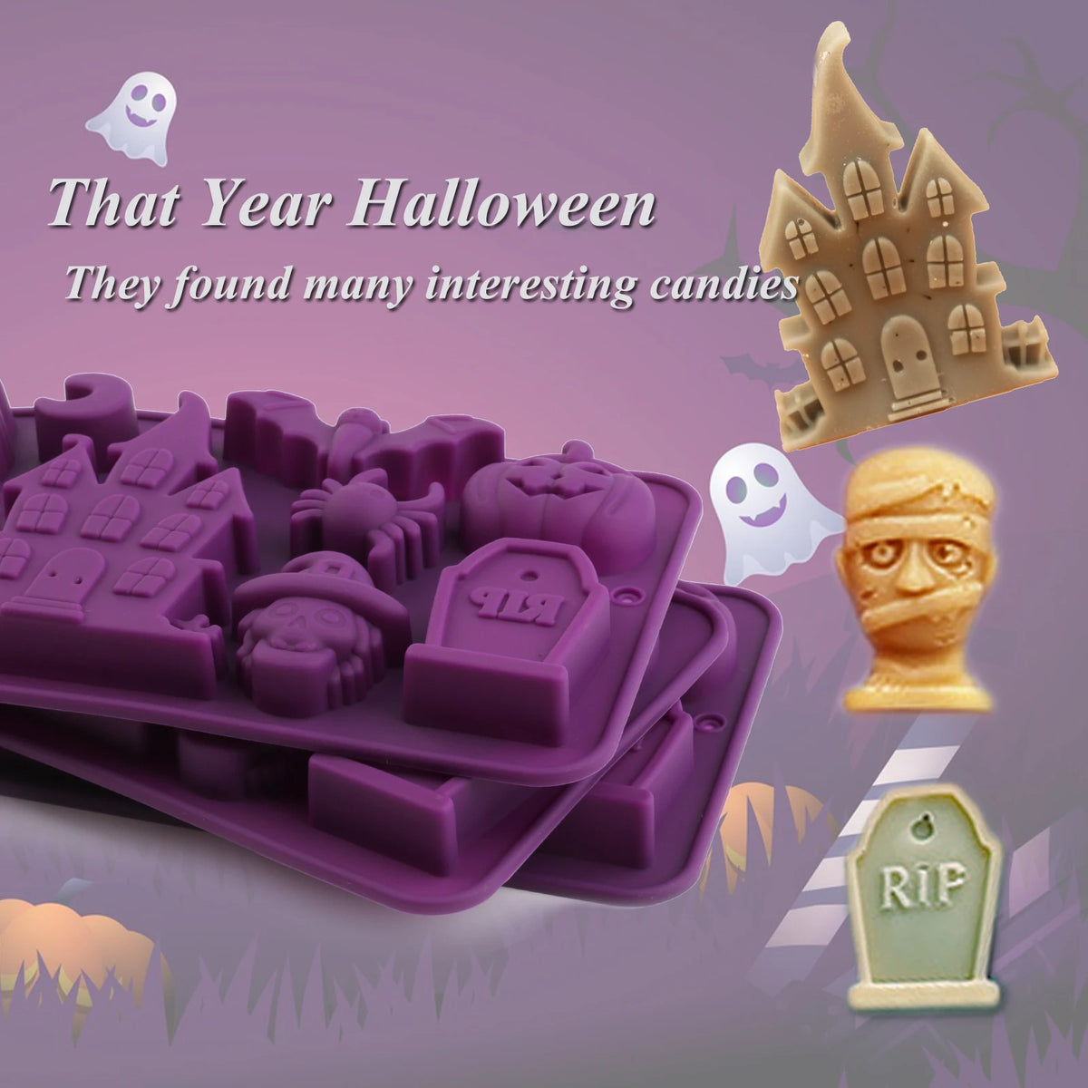 Purple Halloween silicone candy mold with haunted house, bat, tombstone, and mummy shapes