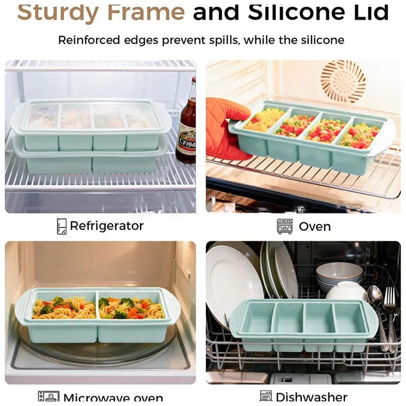 Green silicone freezer tray with sturdy frame and clear lid for portion freezing