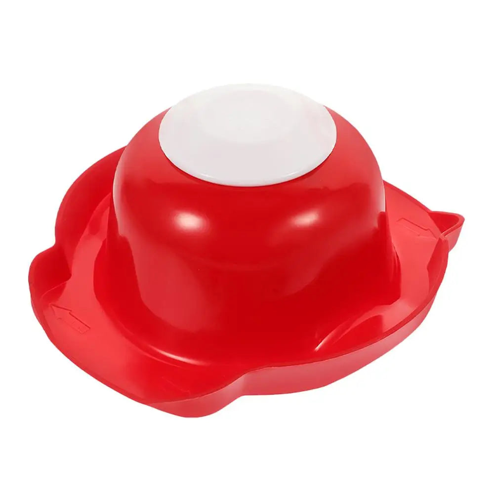 Red food safety slicer holder with finger guard shield and white top button