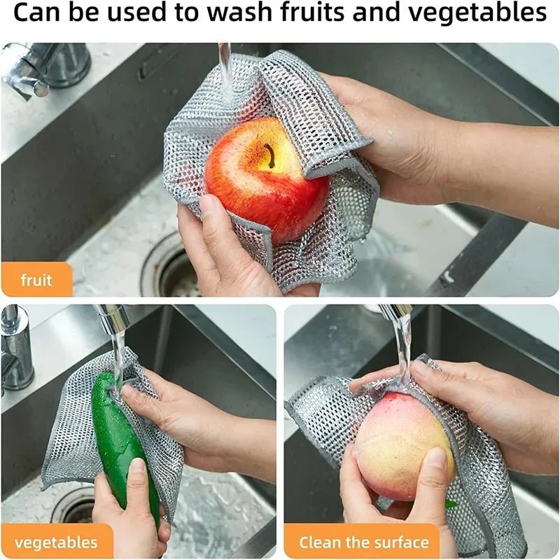 Grey non-scratch mesh cloth washing fruit and vegetables at a kitchen sink