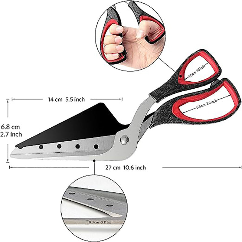 Pizza cutting scissors size diagram with hand grip inset, stainless blade detail