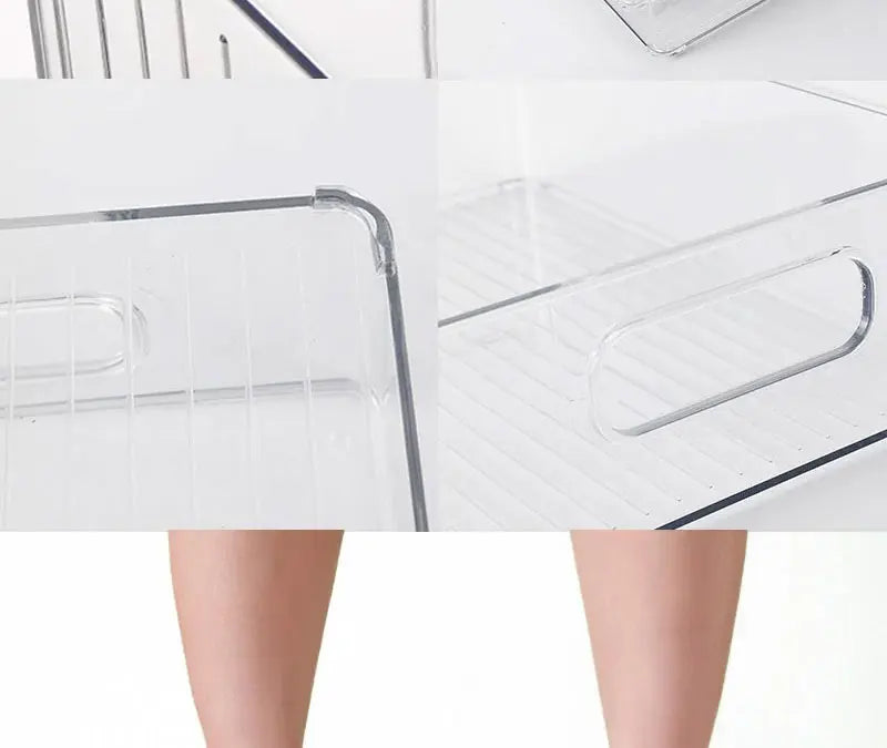 Clear plastic refrigerator bin with built-in handles and ribbed bottom for grip