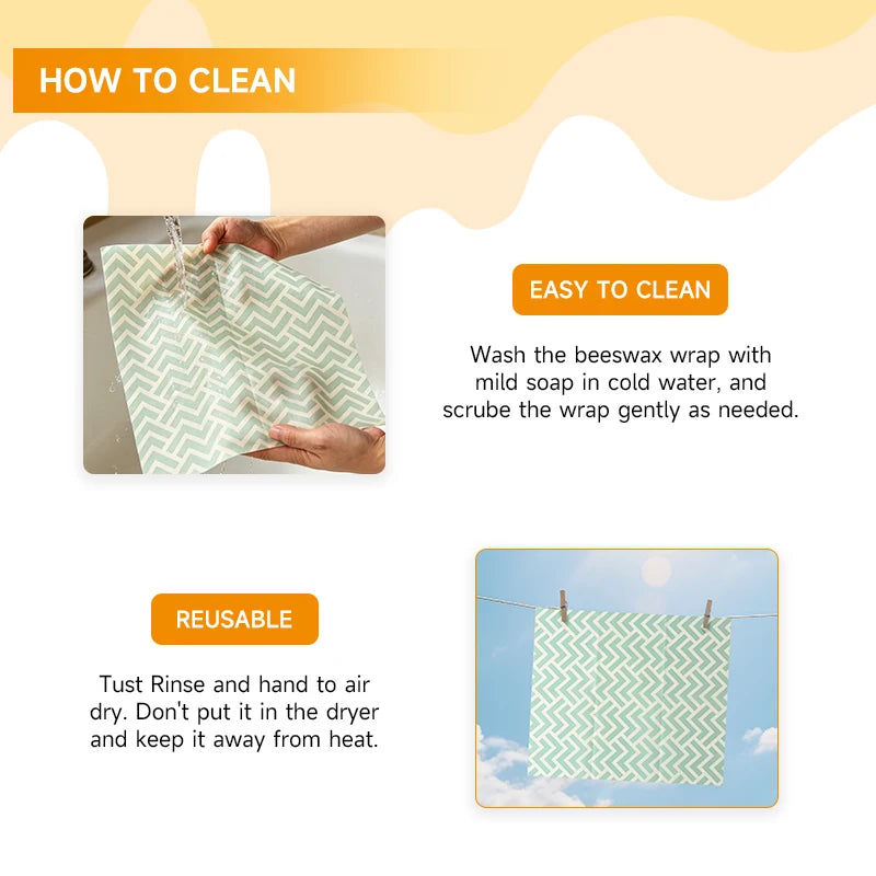 Reusable beeswax food wrap care steps, hands washing a teal zigzag wrap