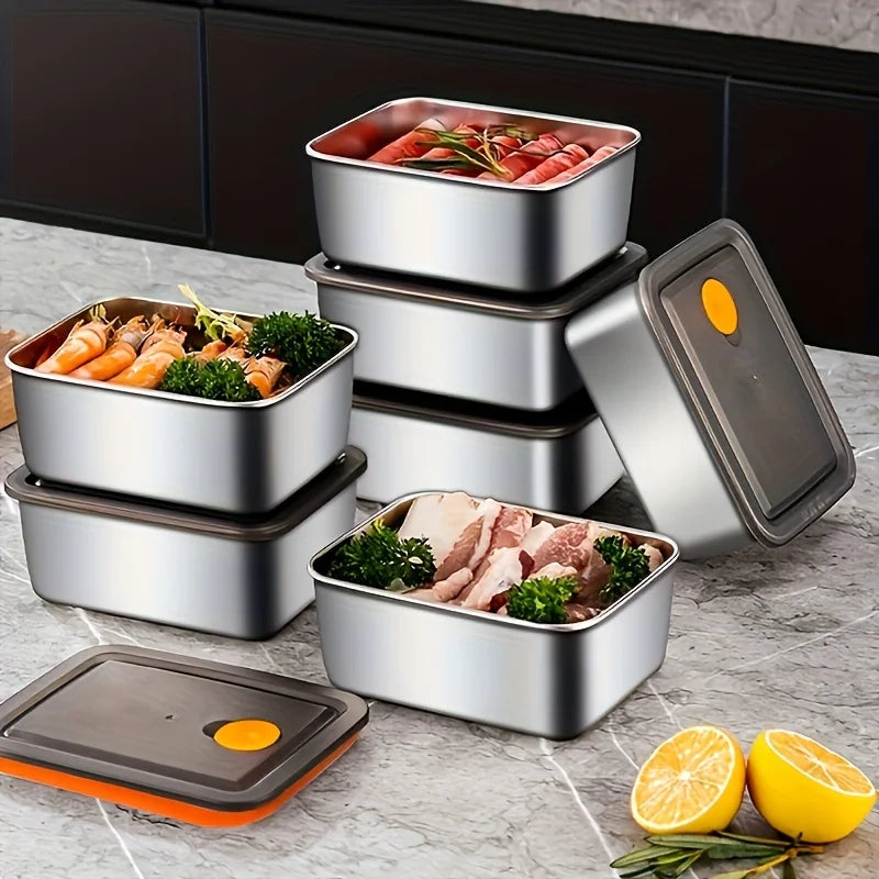Stacked stainless steel food storage containers with vented lids for organized meal prep