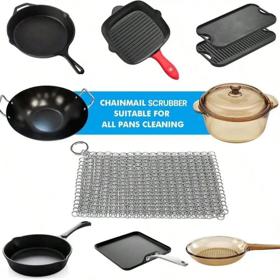 Cast iron chainmail scrubber with stainless steel mesh cleaning pad