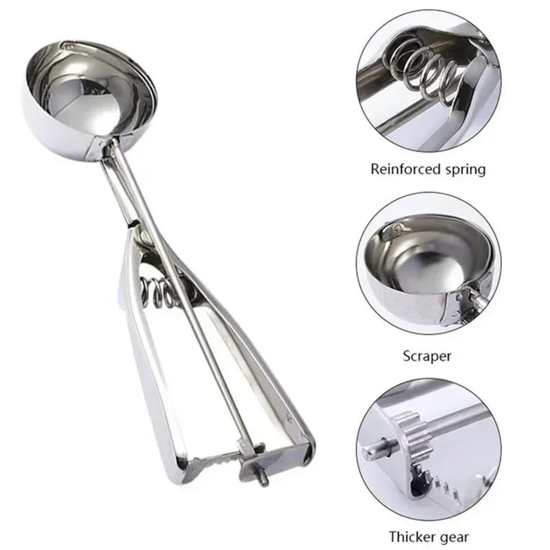 Stainless steel spring scoop close-up showing reinforced spring, scraper, and thick gear
