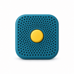 Blue square refrigerator deodorizer box with vent holes and yellow center button