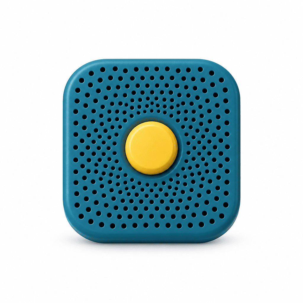 Blue square refrigerator deodorizer box with vent holes and yellow center button