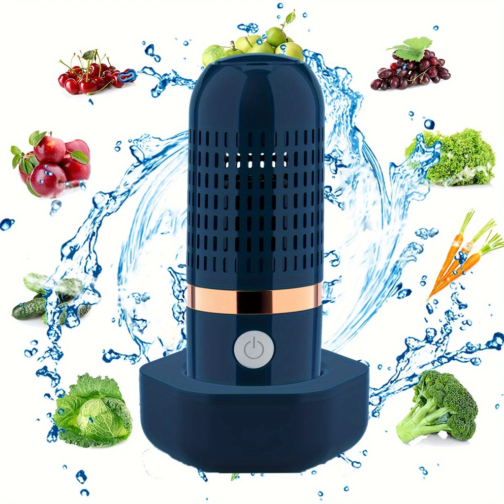 Portable wireless food purifier with blue body and dark base
