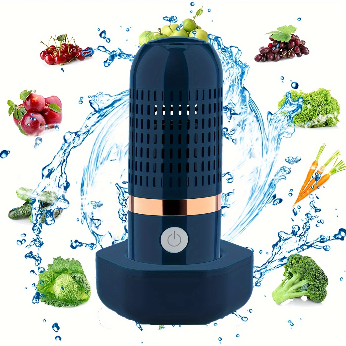 Portable wireless food purifier with blue body and dark base