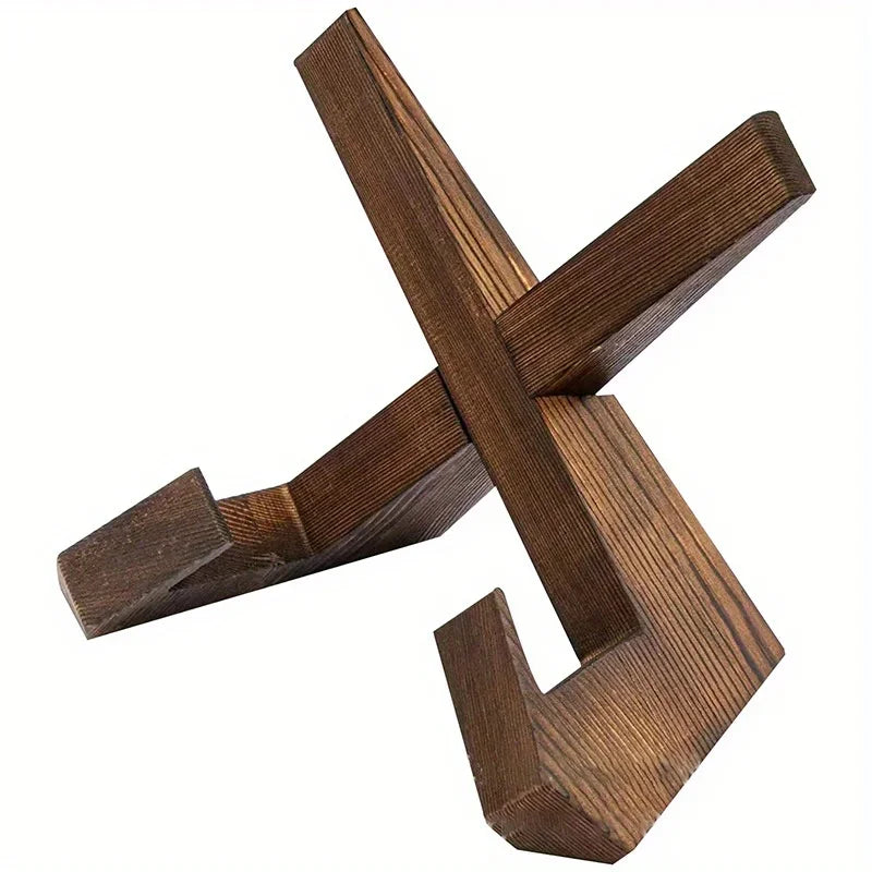 Wooden interlocking cross cookbook stand, side view with U-shaped back support