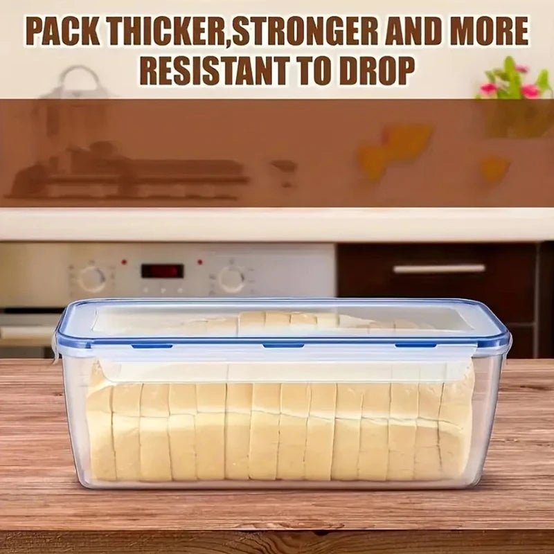 Airtight bread storage container with blue-trim lid, holding sliced loaf inside