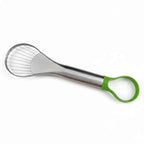 Stainless wire avocado slicer and pit remover with green loop handle, side view