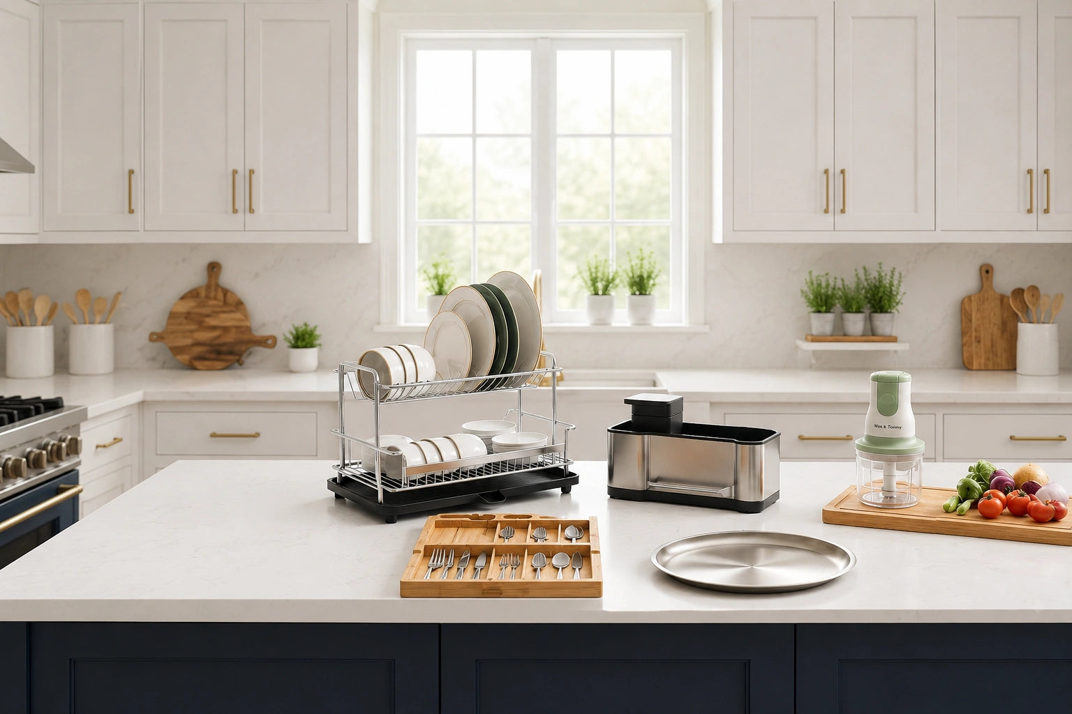 A modern kitchen countertop scene with a chrome and black dish drying rack, a small countertop blender, a metal plate, and other kitchen accessories arranged in a bright white and navy kitchen.