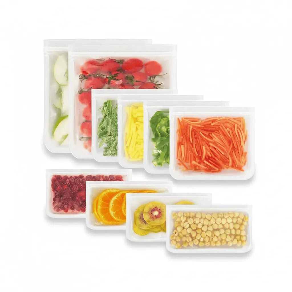 Silicone food storage bags set, clear pouches with sliced produce and granules