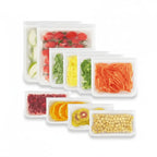 Silicone food storage bags set, clear pouches with sliced produce and granules